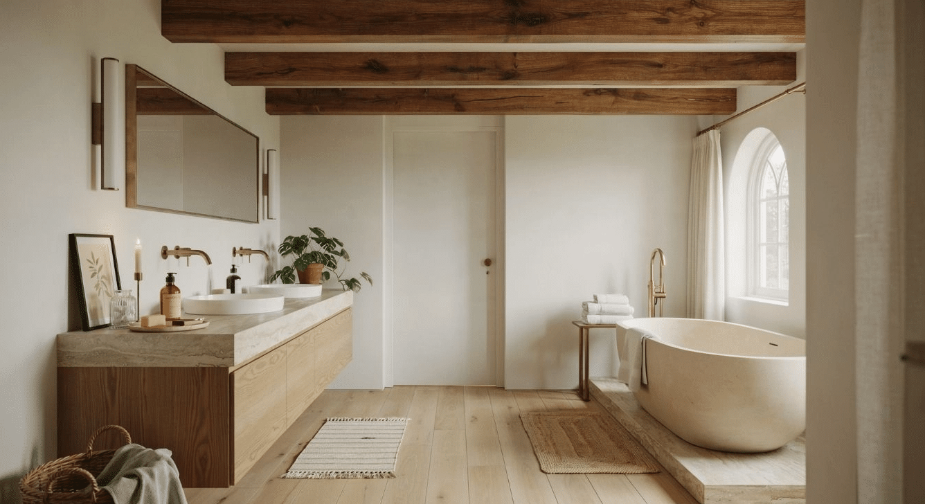 Full view of a bathroom with a wood-beamed ceiling