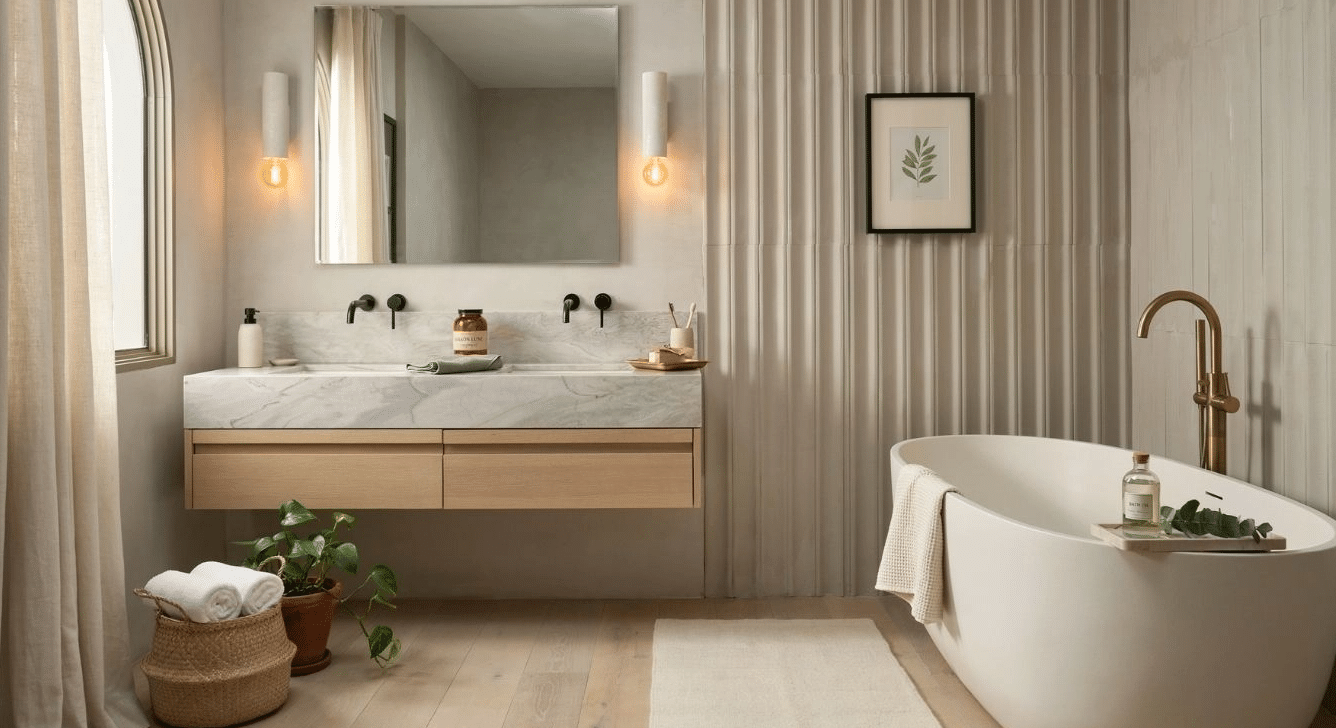 Full view of a bathroom vanity with oversized sconces on each side of the mirror