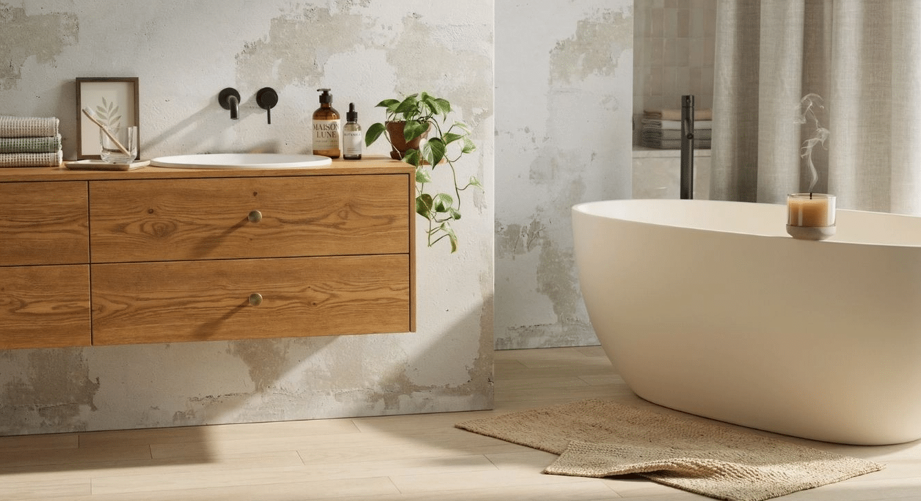 Full view of a bathroom wall with soft limewashed plaster texture