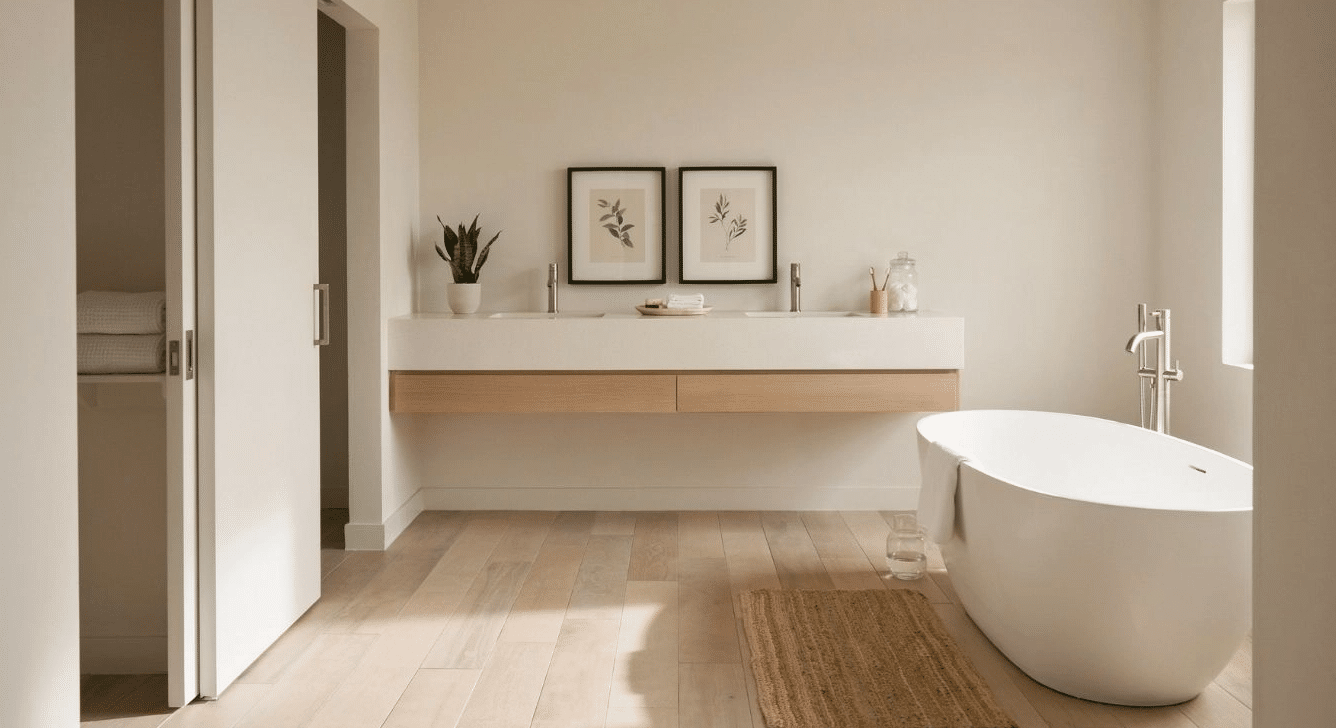 Full view of a bathroom with a built-in linen cabinet flush with the wall