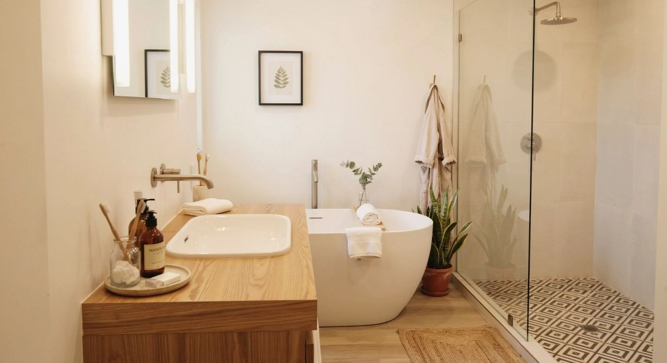 Full view of a shower with patterned cement tile on the floor