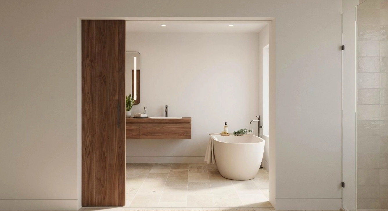 Full view of a bathroom entrance with a pocket door slid into the wall