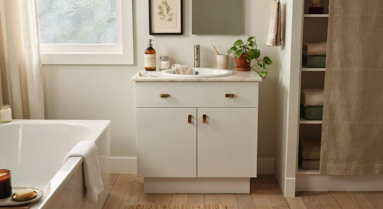 Full view of a bathroom vanity with unlacquered brass drawer pulls