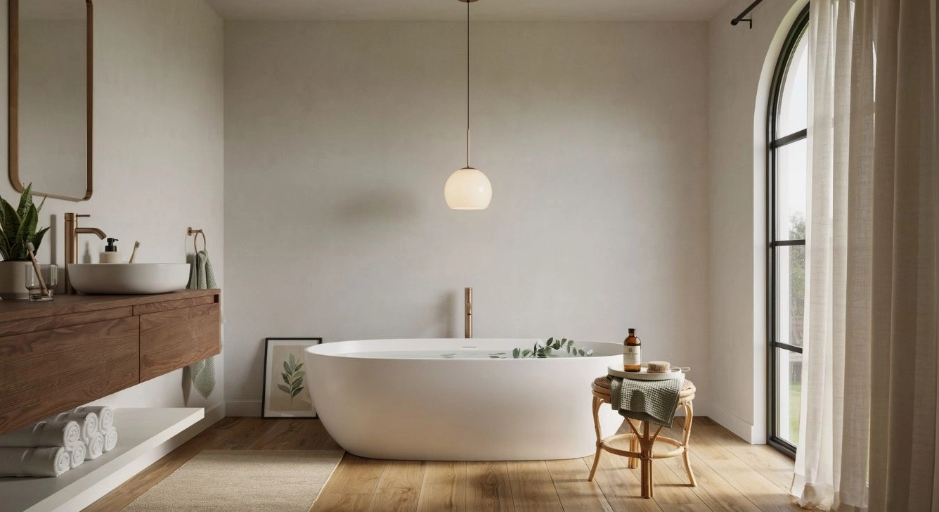 Full view of a bathroom with a single pendant light over the tub