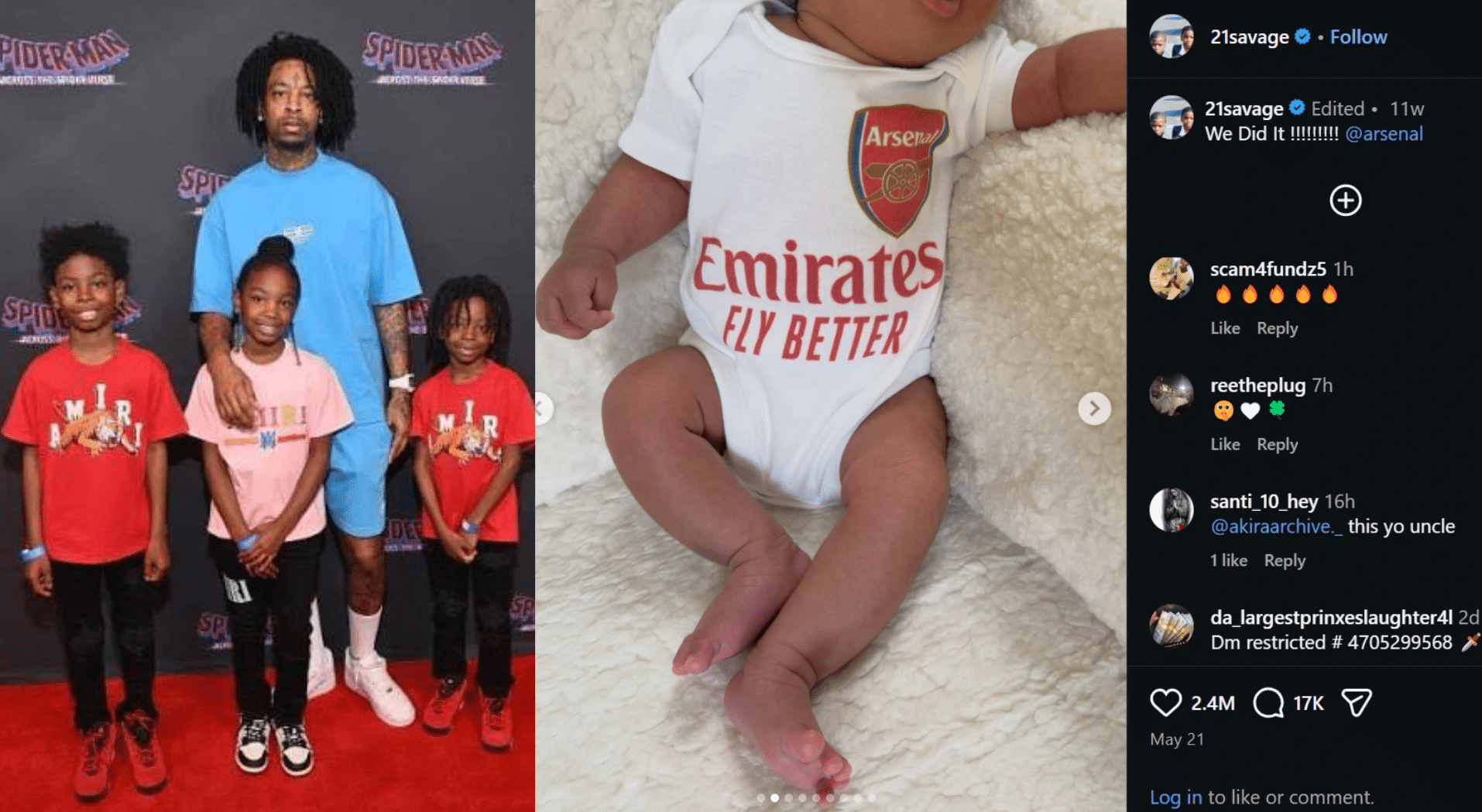 Collage featuring 21 Savage and his children, including sons Kamari and Ashaad, daughter Rhian, and his daughter with Latto.