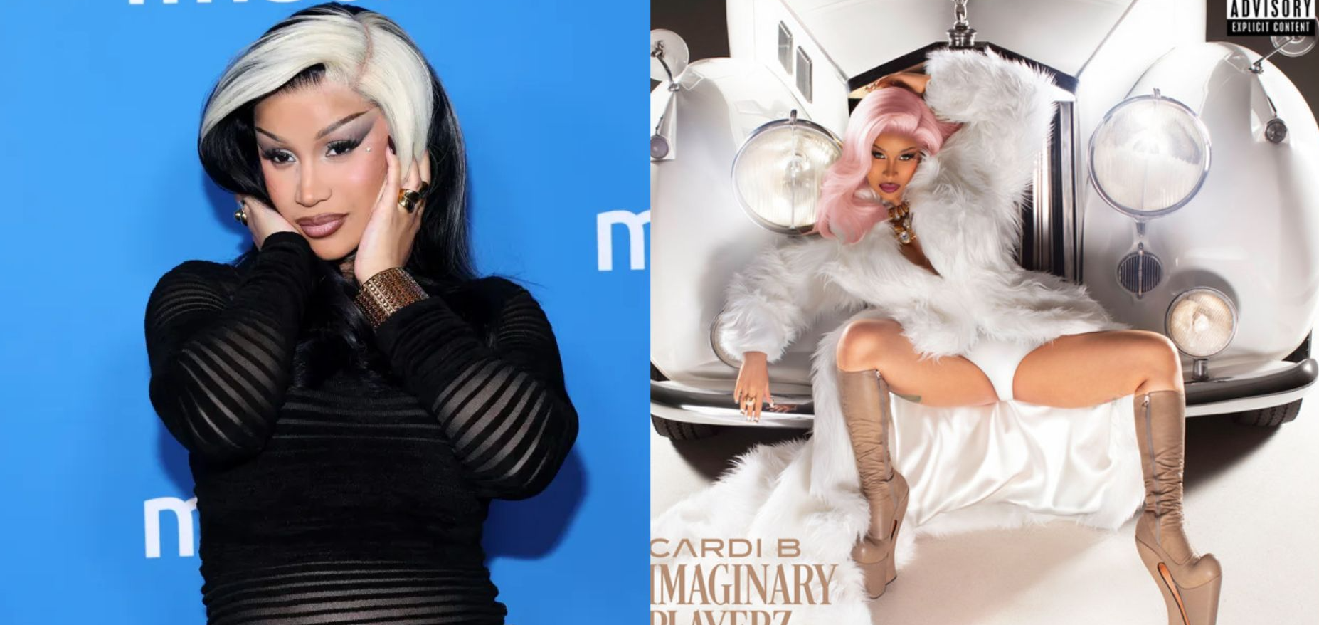 Cardi B in a black outfit alongside promotional artwork for the Imaginary Playerz release