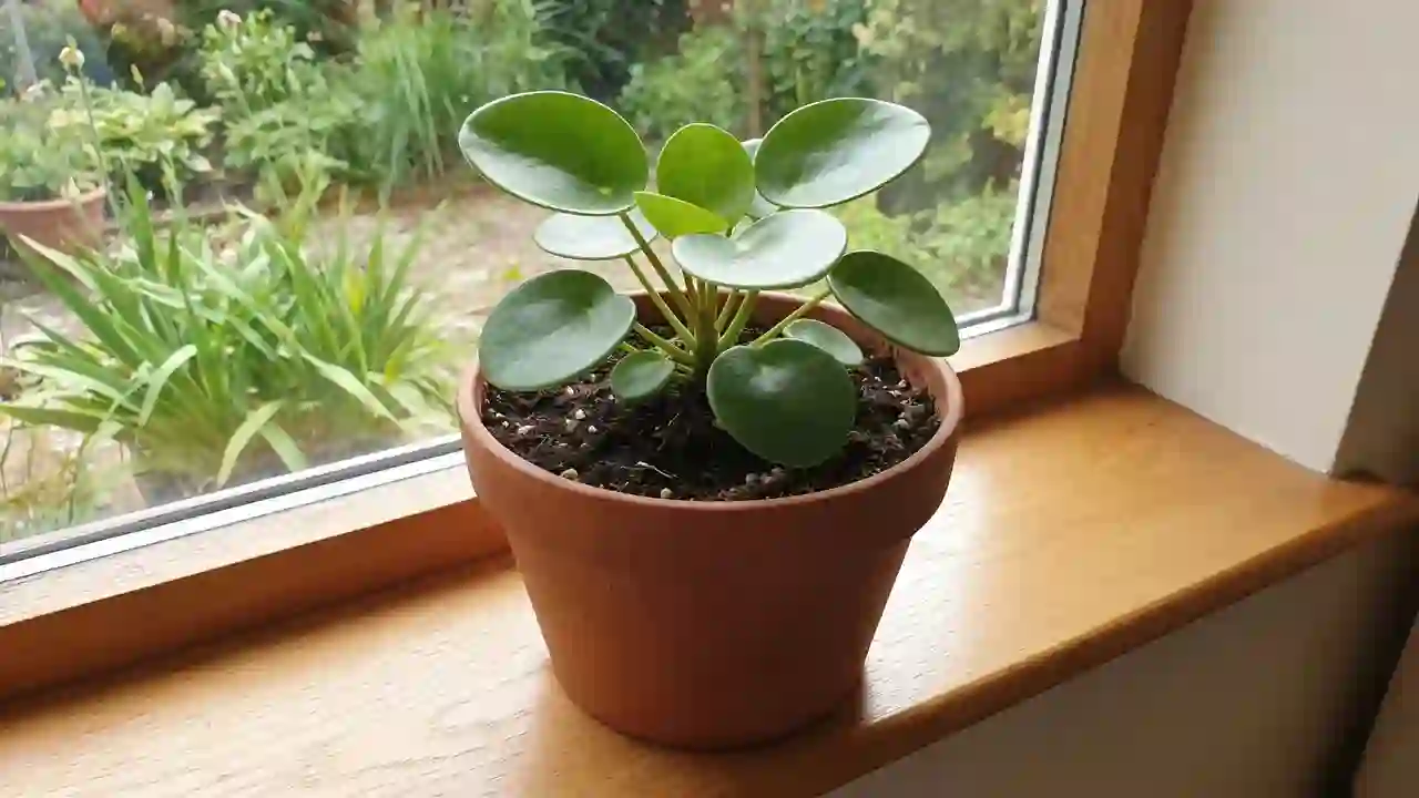 Peperomia plant with round green leaves growing in a white pot on a desk.