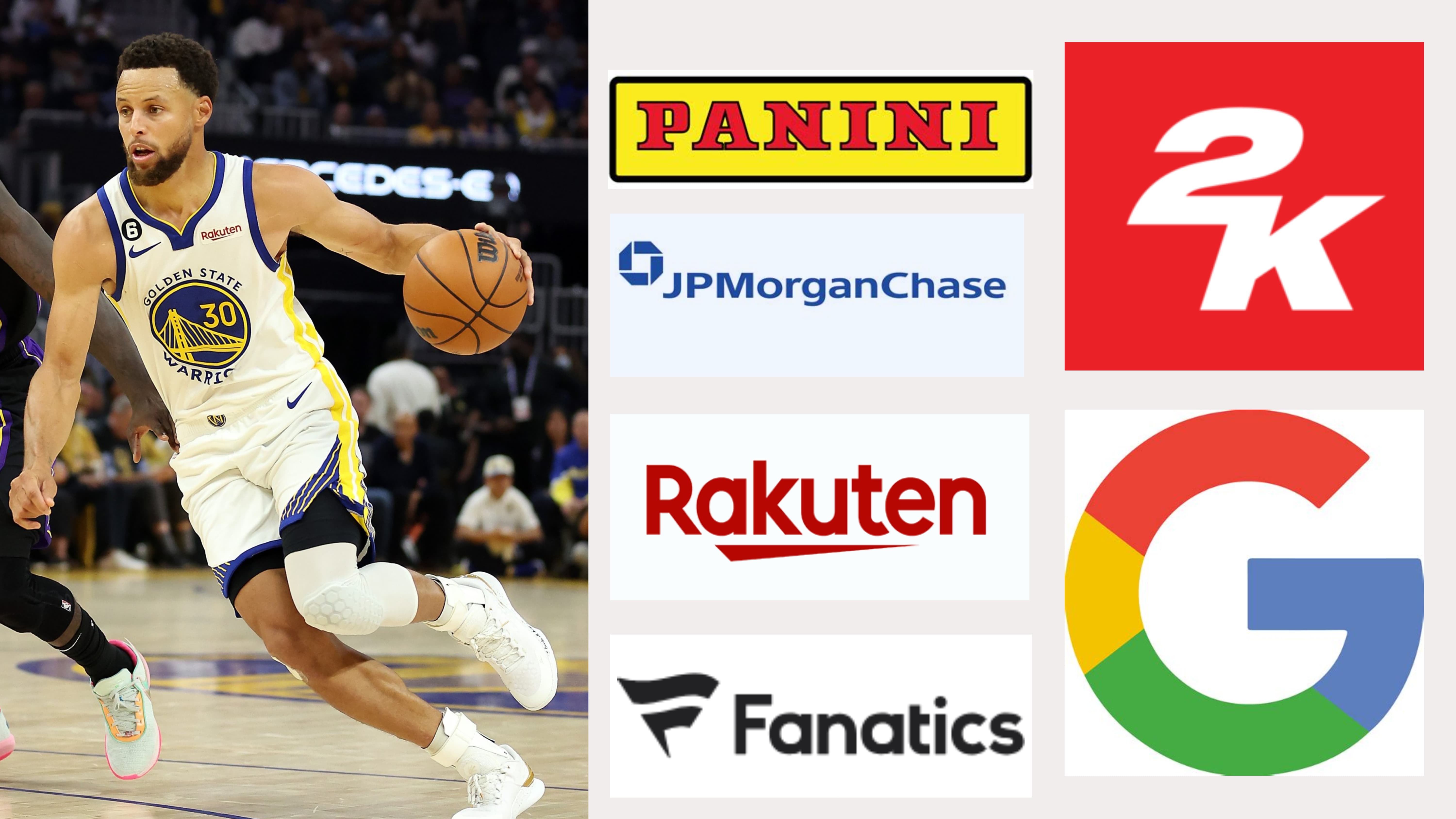 Image of Steph Curry playing basketball and an image next to it with logos of his major endorsement partners