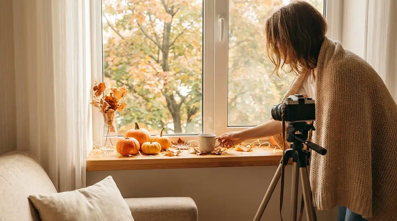 Indoor fall photoshoot setup with camera, pumpkins, and autumn window decor