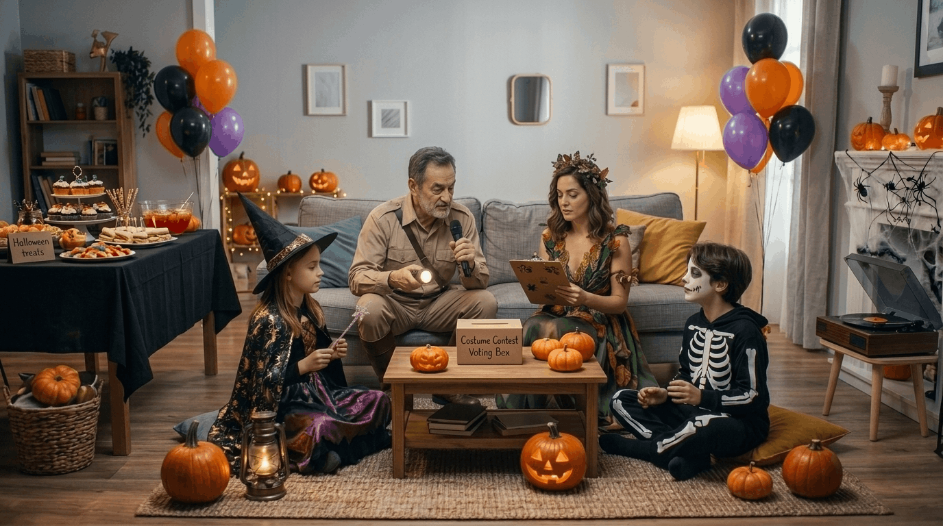 Indoor Halloween costume party with music, games, snacks, and costume contest fun.
