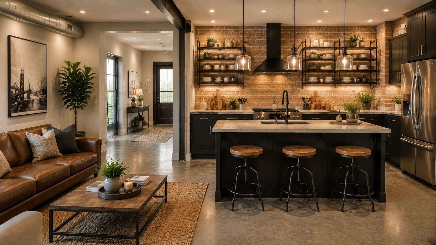 Industrial open kitchen with brick walls and dark gray aesthetic.