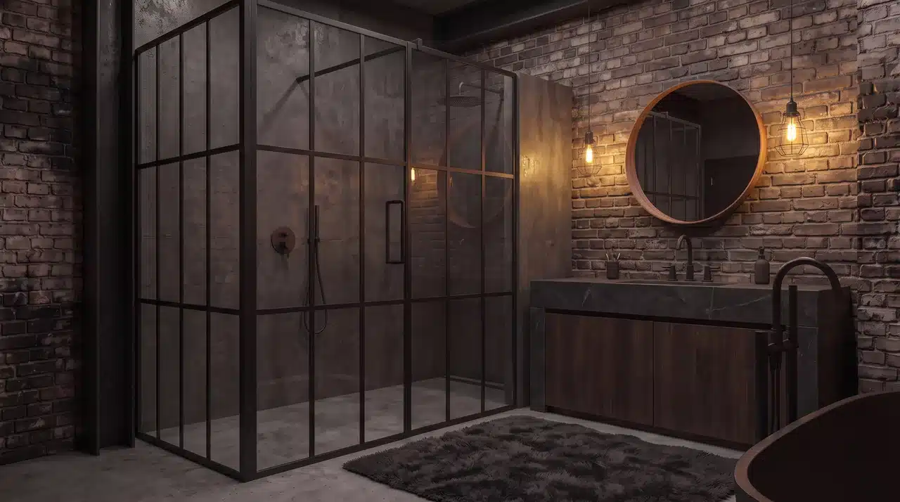 industrial-style dark bathroom with brick backdrop accent and concrete walls