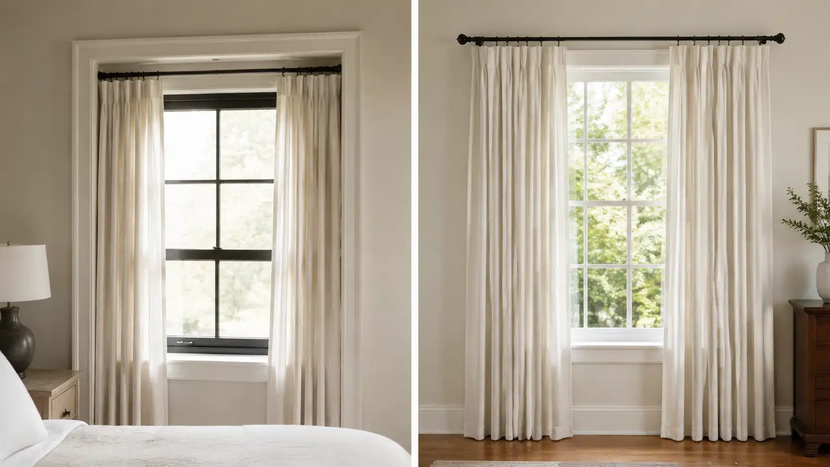 Inside and outside mount curtain rod placement comparison showing curtains fitted within a window frame and extended beyond it for better light control.