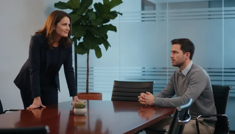 Businesswoman leaning on conference table speaking to seated colleague in modern office space