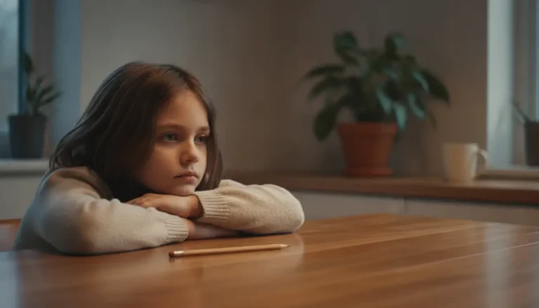 Young girl resting her chin on crossed arms at wooden table, pencil nearby, indoor setting