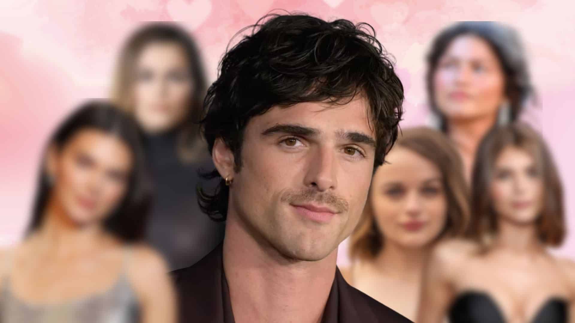 Jacob Elordi in front of blurred portraits representing his dating history.