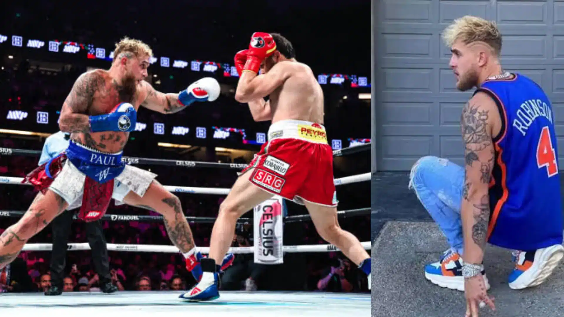 Jake Paul boxing career with a fight poster and professional boxing match scene.
