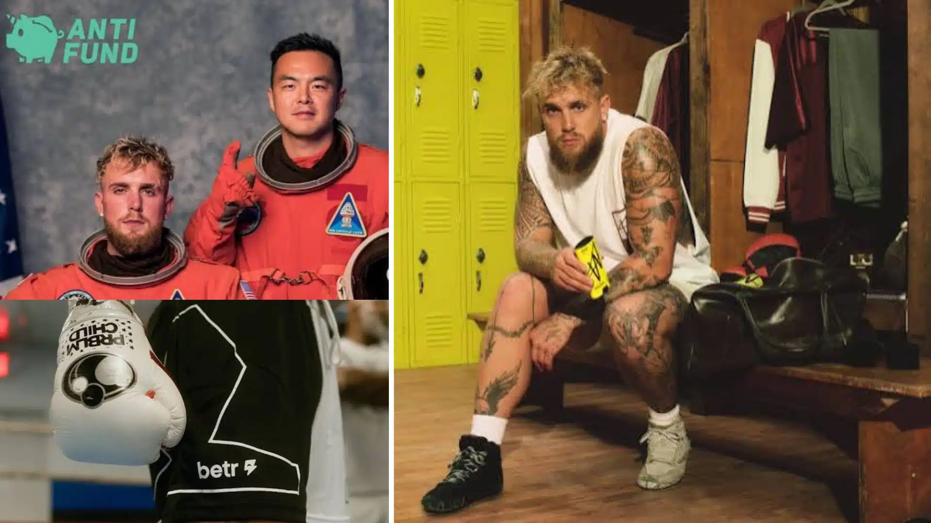 Jake Paul’s business ventures including Anti Fund, W personal care brand, and Betr sports media company.