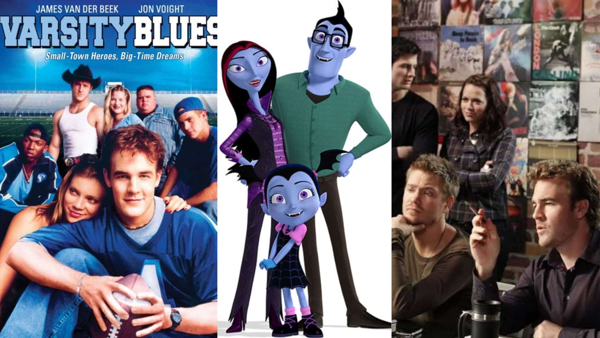 James Van Der Beek career collage featuring Varsity Blues, animated series Vampirina, and The Rules of Attraction.