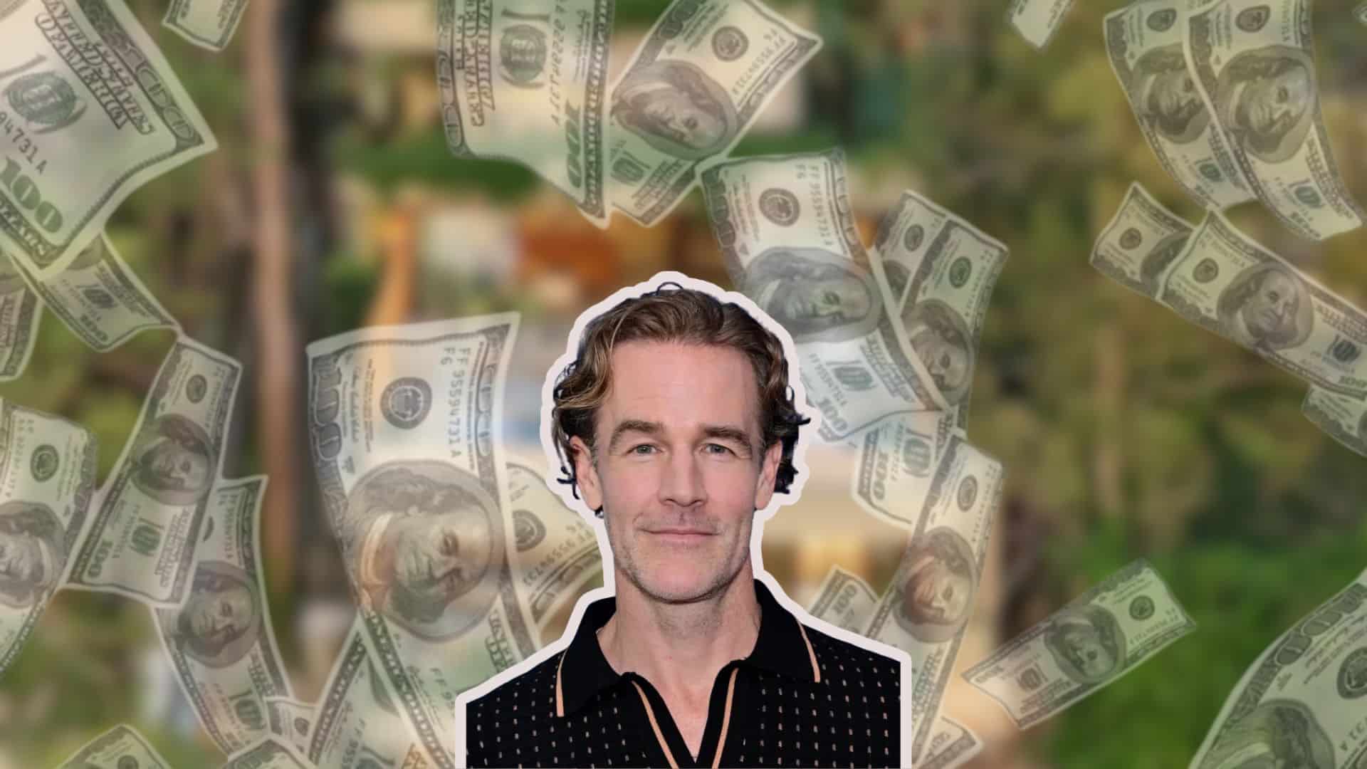 Portrait of a james van der breek surrounded by floating US dollar bills against a blurred background.