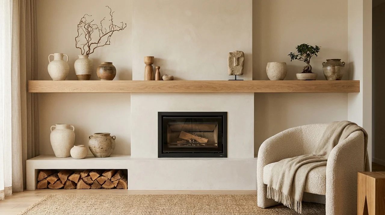 Japandi fireplace mantel decorated with ceramic vases, natural wood accents, dried branches, and minimalist greenery.