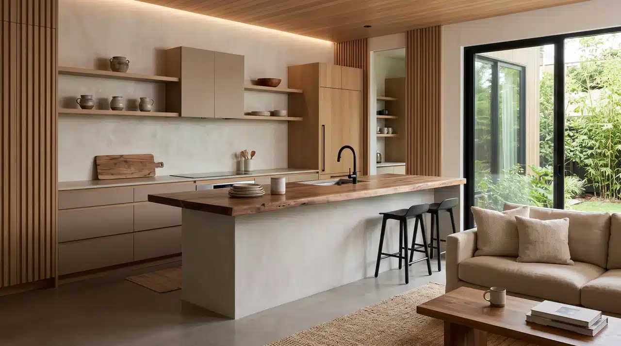 Japandi open kitchen with minamilist aesthetic, flat-panel cabinets and natural materials.