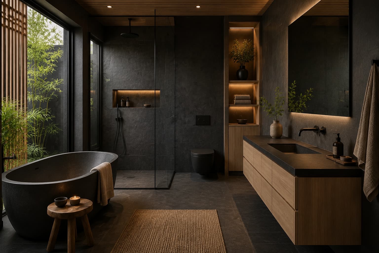 japandi style dark bathroom with light oak and natural texture