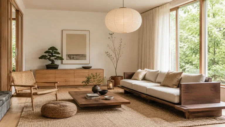 Minimalist Japanese-inspired living room with wooden furniture, neutral decor, paper lantern, bonsai, and large garden windows.