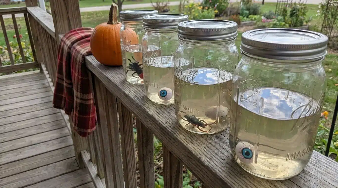 Glass jars with fake specimens lining a porch rail