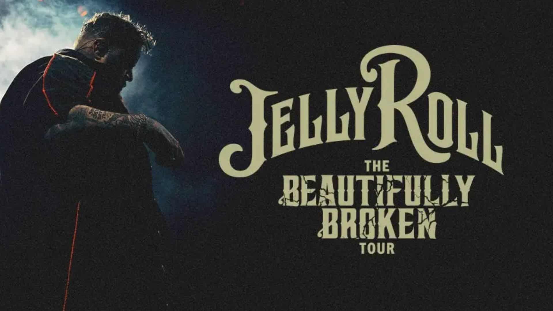 Jelly Roll performing during his Beautifully Broken tour with album branding displayed on stage.