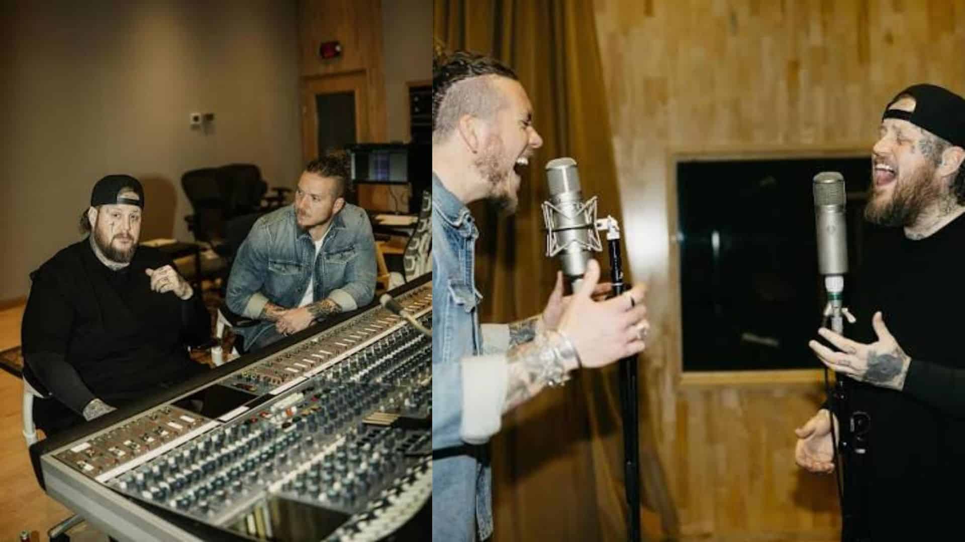 Jelly Roll working in a recording studio with another artist during a music session.