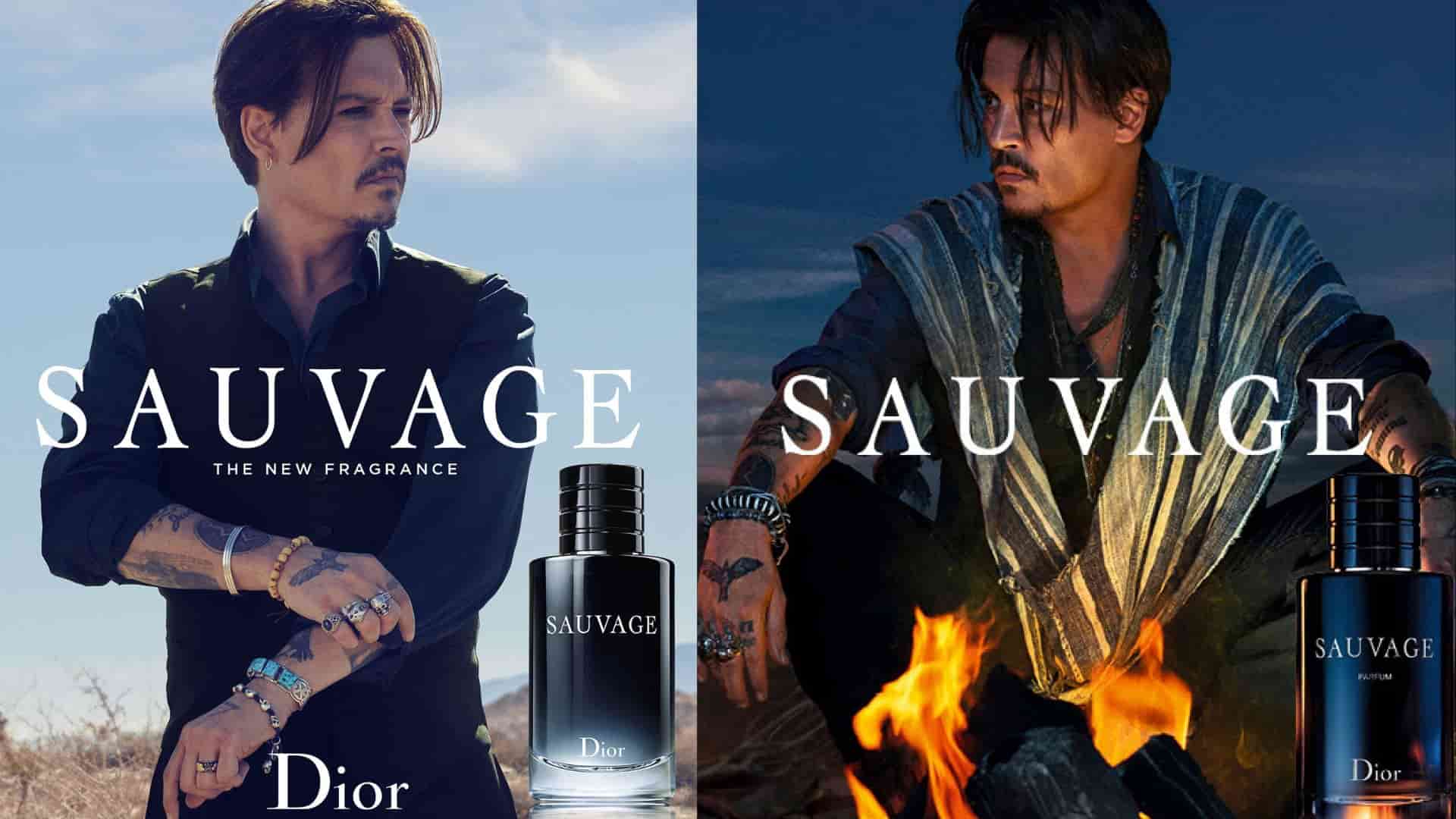 Johnny Depp featured in two Dior Sauvage fragrance advertisements with perfume bottles.