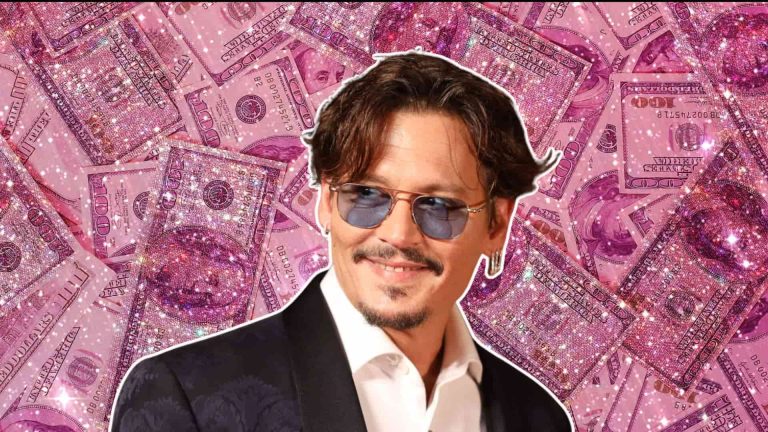 Johnny Depp wearing sunglasses and a black suit against a glittering money-themed background.