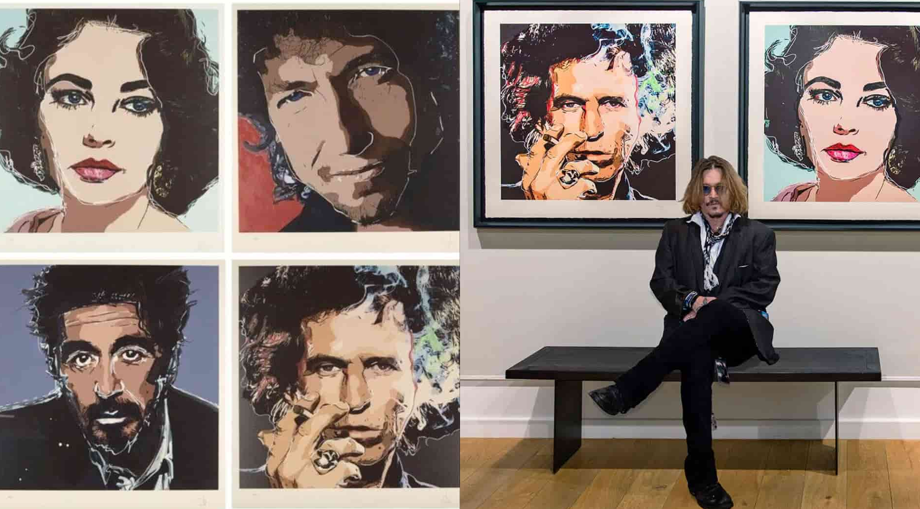 Johnny Depp seated in a gallery beside his colorful portraits of famous cultural figures.