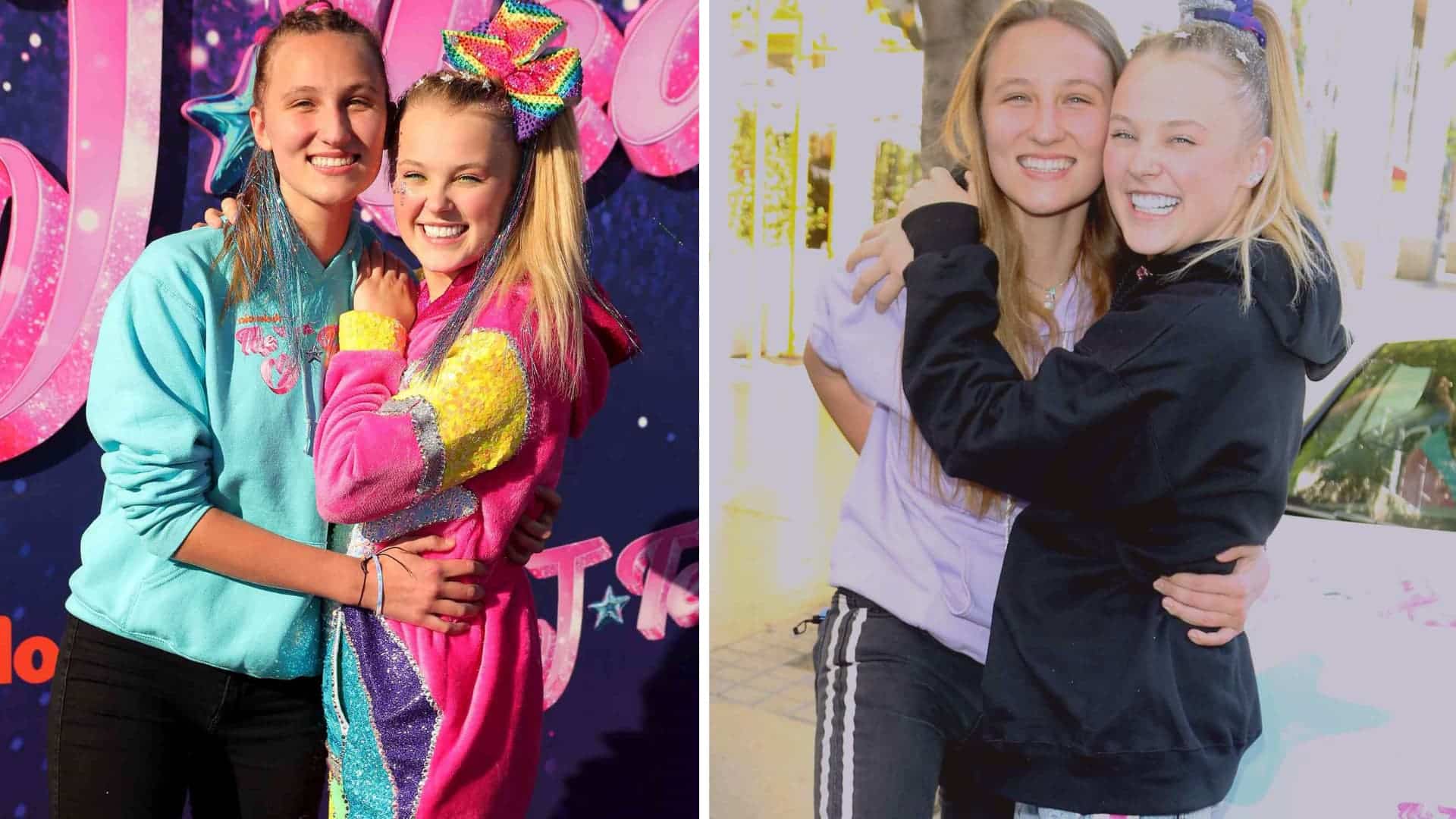 Jojo Siwa wearing a large hair bow and beside another image of Jojo Siwa hugging her ex-girlfriend Kylie Prew