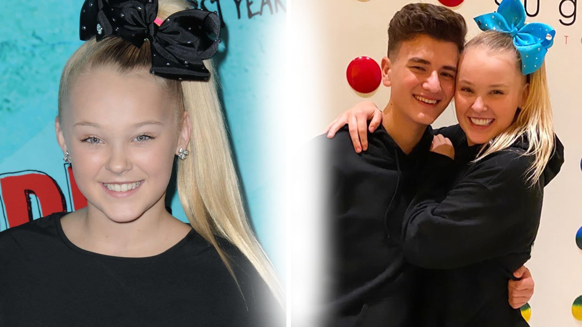 Jojo Siwa wearing a large hair bow and beside another image of Jojo Siwa hugging her ex-boyfriend Mark bontempo