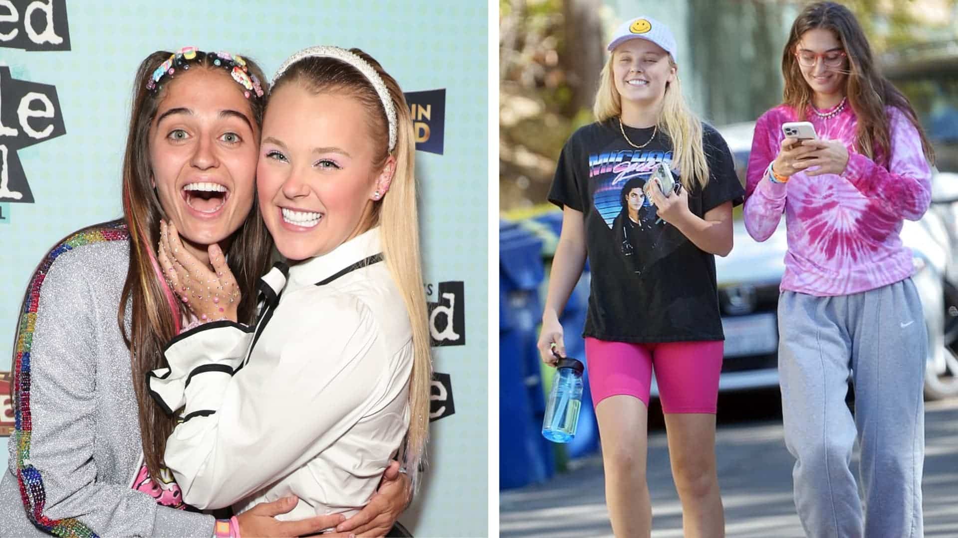 Jojo Siwa with her ex-girlfriend Avery Cyrus beside another image of Jojo Siwa spotted with her ex-girlfreind Avery Cyrus