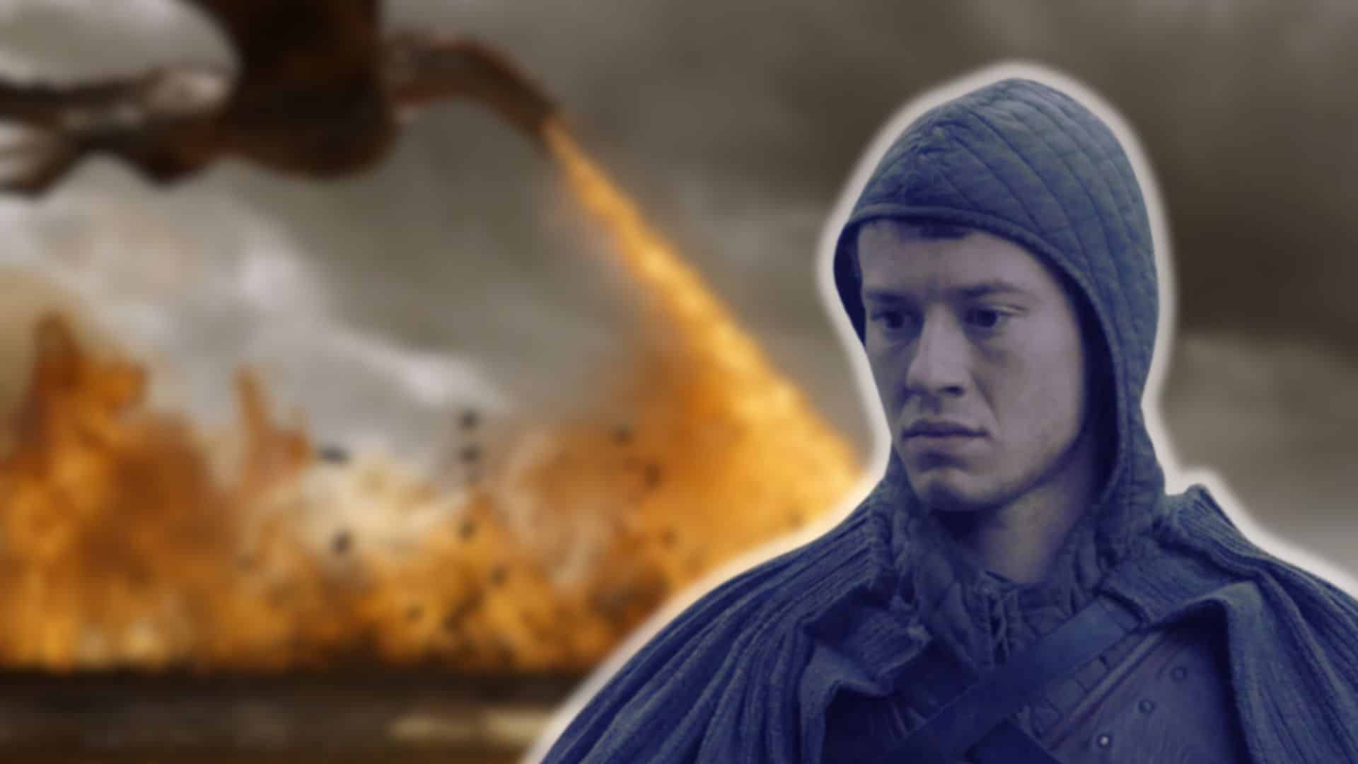 Joseph Quinn in Game of Thrones scene with a hooded character and fiery background