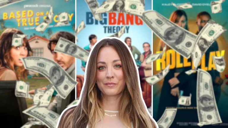 Kaley Cuoco pictured against her television show posters with dollar bills falling around her.
