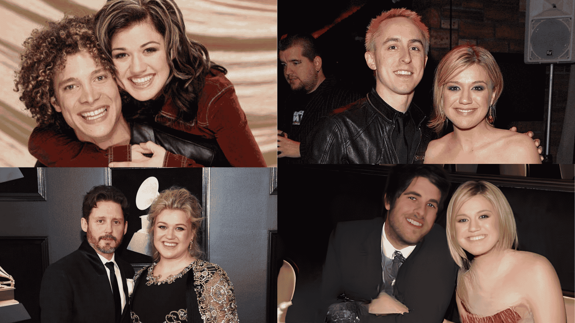 Photo collage showing Kelly Clarkson with former partners Justin Guarini, Graham Colton, Brandon Blackstock, and Ryan Key.