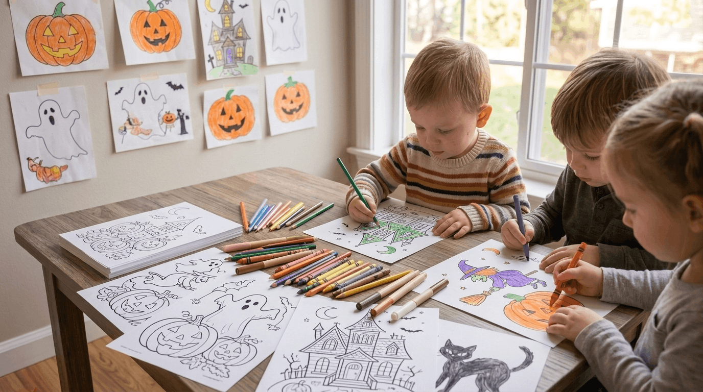 Kids coloring Halloween pages with pumpkins and ghosts