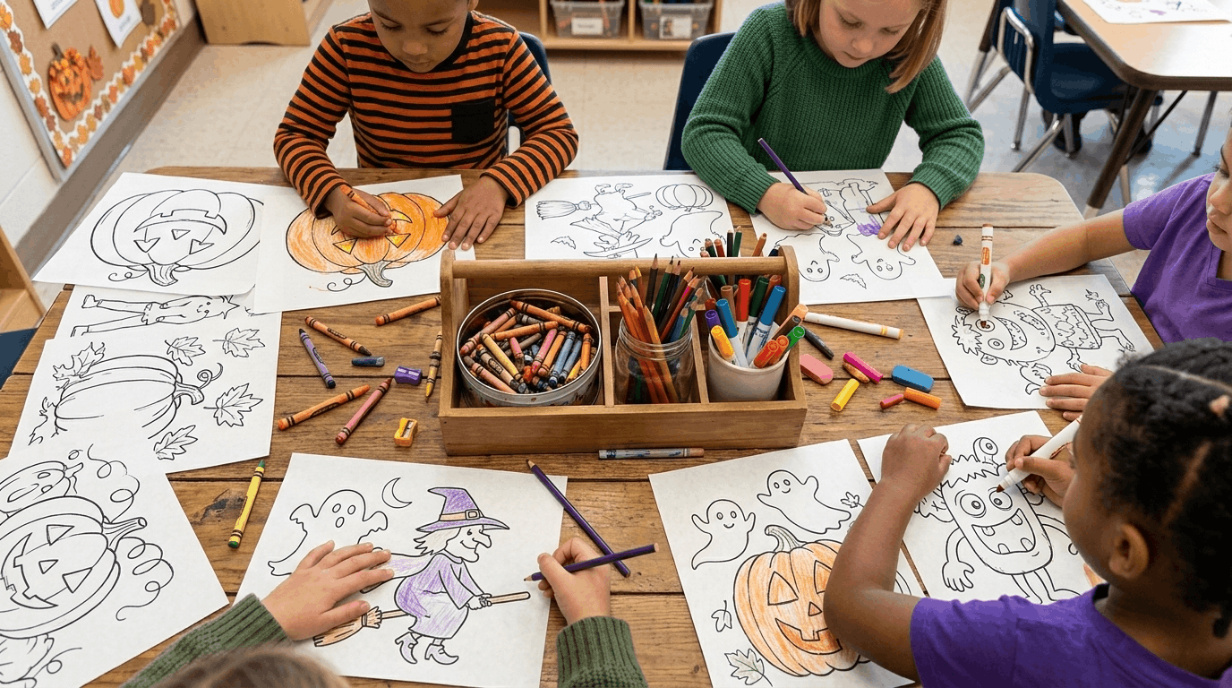 Kids coloring Halloween pages with pumpkins ghosts and monsters
