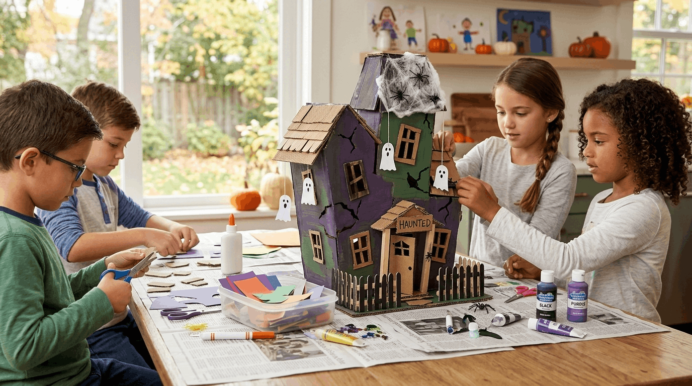 Kids creating a DIY haunted house model from cardboard