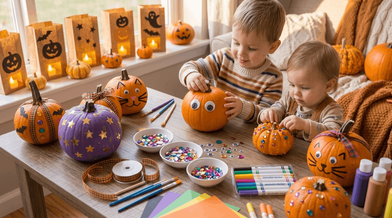 Kids decorating pumpkins with paint stickers and craft supplies