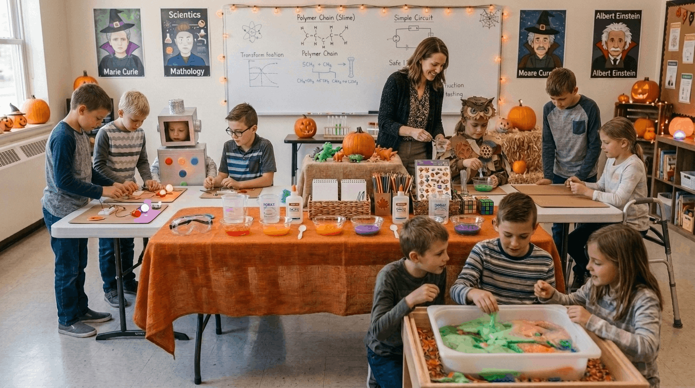 Kids doing Halloween science experiments in classroom