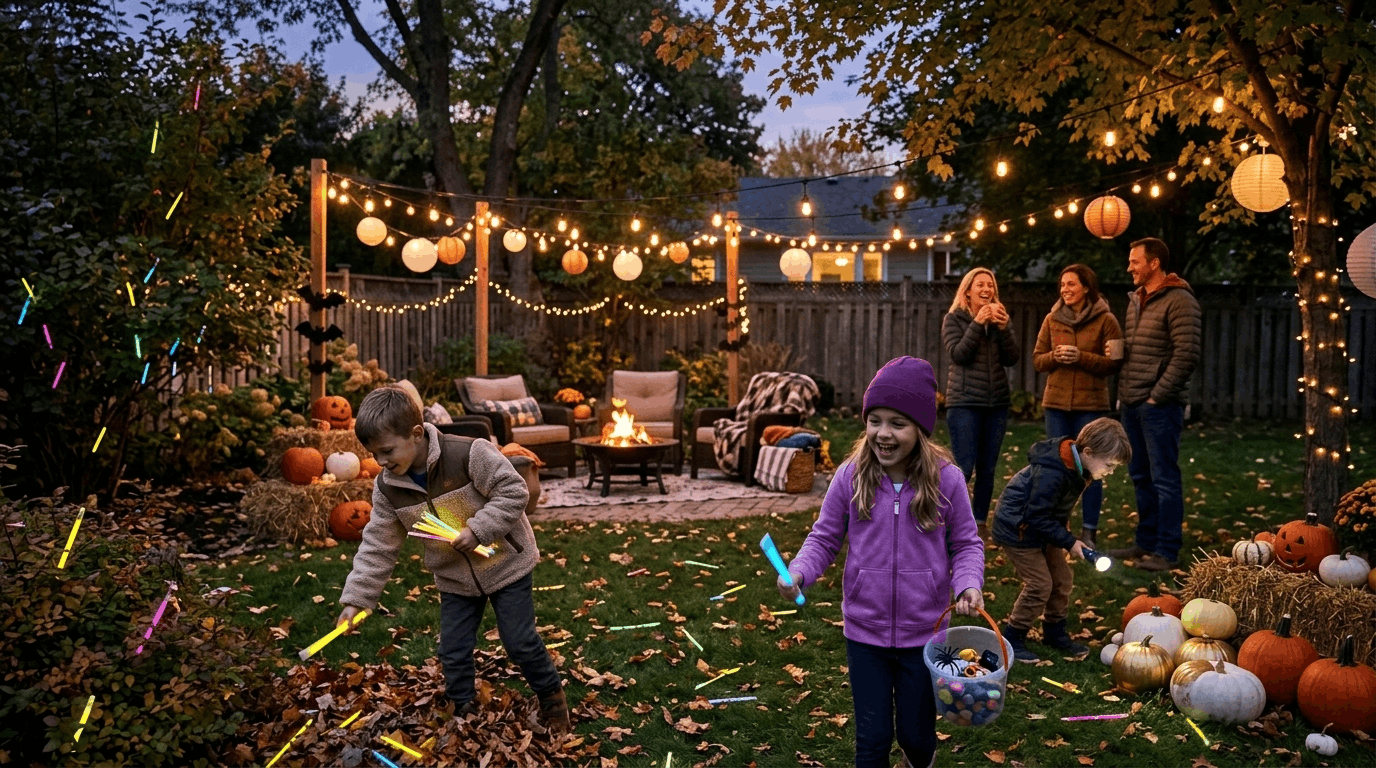 Kids enjoying a glow stick Halloween hunt outdoors