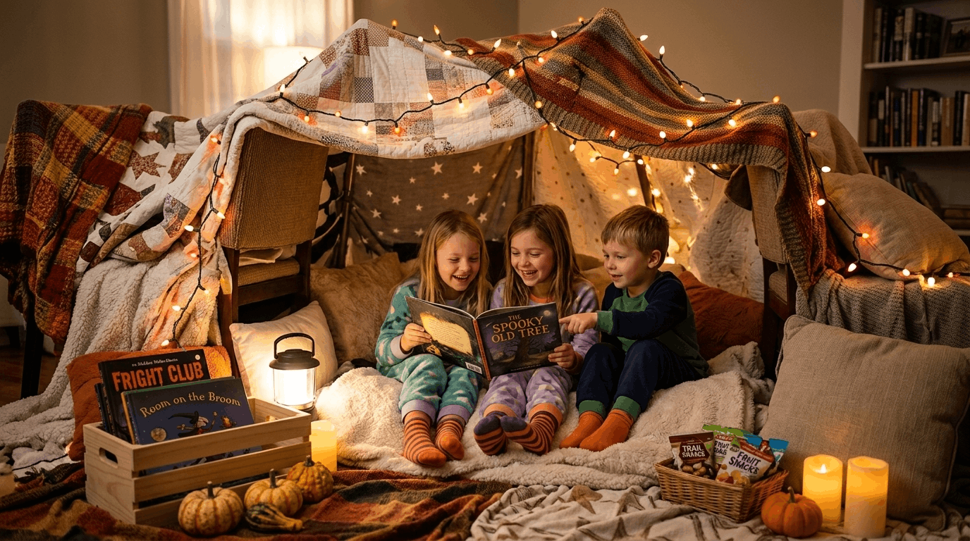 Kids enjoying a Halloween blanket fort with lights and decorations