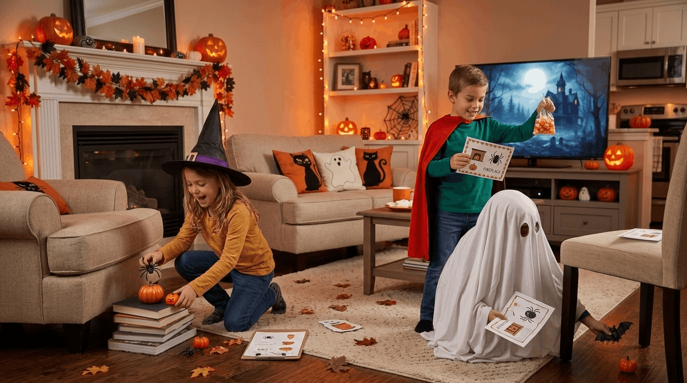Kids enjoying a Halloween scavenger hunt searching for hidden spiders, pumpkins, candy, and toys.