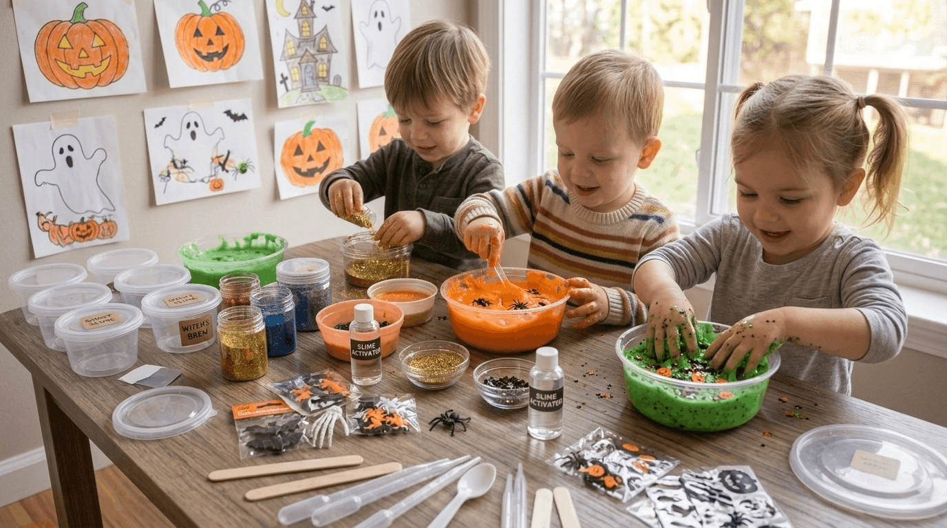 Kids making Halloween slime with colorful craft supplies