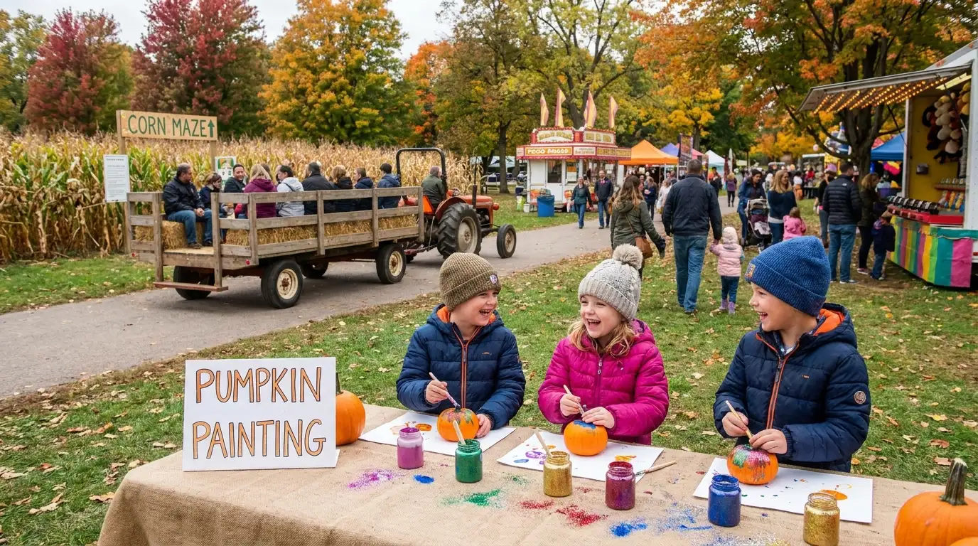 Kids painting pumpkins at a colorful fall festival event